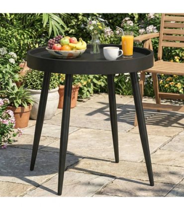 Outsunny 49.5 cm Round Garden Table, Small Outdoor Coffee Side Table with Plastic Tray-Style Top, Metal Legs, Black