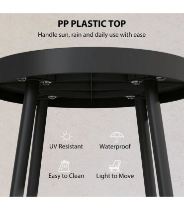 Outsunny 49.5 cm Round Garden Table, Small Outdoor Coffee Side Table with Plastic Tray-Style Top, Metal Legs, Black