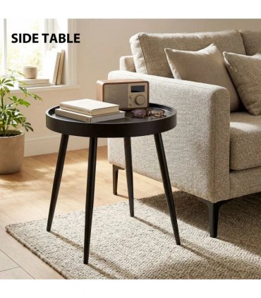 Outsunny 49.5 cm Round Garden Table, Small Outdoor Coffee Side Table with Plastic Tray-Style Top, Metal Legs, Black
