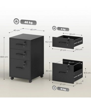 HOMCOM Three Drawer Wood-Effect Filing Cabinet - Black