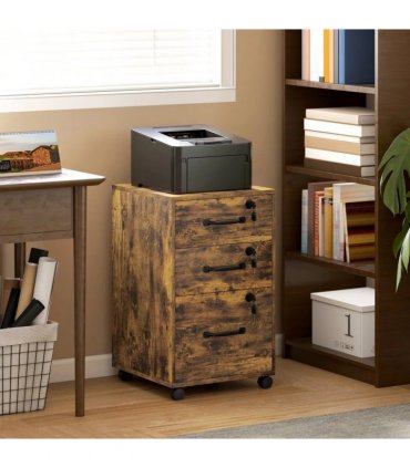 HOMCOM Three Drawer Wood-Effect Filing Cabinet - Rustic Brown