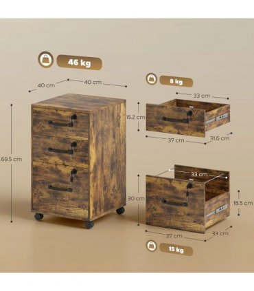 HOMCOM Three Drawer Wood-Effect Filing Cabinet - Rustic Brown