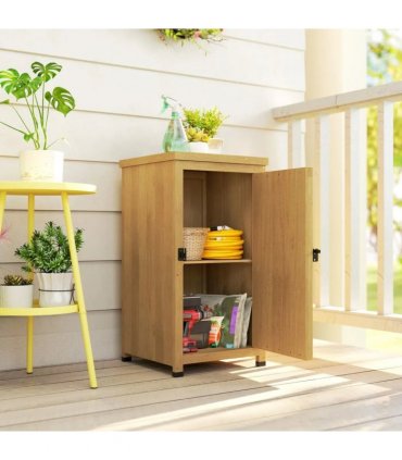 Outsunny Wooden Garden Shed, Garden Tool Storage Shed with Metal Top and Shelf, Light Brown