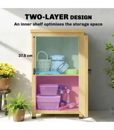 Outsunny Wooden Garden Shed, Garden Tool Storage Shed with Metal Top and Shelf, Light Brown