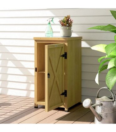 Outsunny Wooden Garden Shed, Garden Tool Storage Shed with Metal Top and Shelf, Light Brown