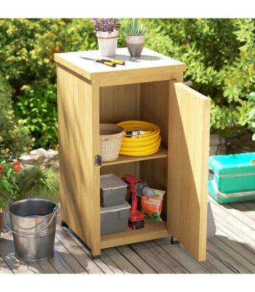 Outsunny Wooden Garden Shed, Garden Tool Storage Shed with Metal Top and Shelf, Light Brown