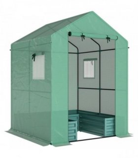 Outsunny Small Greenhouse with Raised Garden Bed, Galvanised Walk-in Greenhouse with Roll Up Windows, 141 x 141 x 190 cm, Green