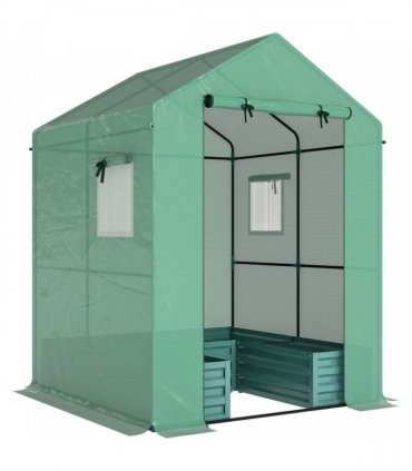 Outsunny Small Greenhouse with Raised Garden Bed, Galvanised Walk-in Greenhouse with Roll Up Windows, 141 x 141 x 190 cm, Green