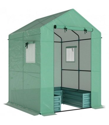 Outsunny Small Greenhouse with Raised Garden Bed, Galvanised Walk-in Greenhouse with Roll Up Windows, 141 x 141 x 190 cm, Green