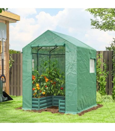 Outsunny Small Greenhouse with Raised Garden Bed, Galvanised Walk-in Greenhouse with Roll Up Windows, 141 x 141 x 190 cm, Green