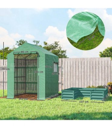 Outsunny Small Greenhouse with Raised Garden Bed, Galvanised Walk-in Greenhouse with Roll Up Windows, 141 x 141 x 190 cm, Green