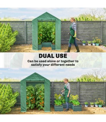 Outsunny Small Greenhouse with Raised Garden Bed, Galvanised Walk-in Greenhouse with Roll Up Windows, 141 x 141 x 190 cm, Green