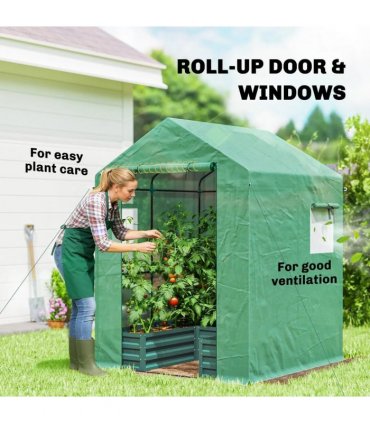 Outsunny Small Greenhouse with Raised Garden Bed, Galvanised Walk-in Greenhouse with Roll Up Windows, 141 x 141 x 190 cm, Green