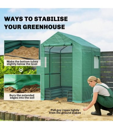 Outsunny Small Greenhouse with Raised Garden Bed, Galvanised Walk-in Greenhouse with Roll Up Windows, 141 x 141 x 190 cm, Green