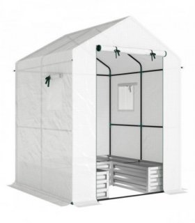 Outsunny Small Greenhouse with Raised Garden Bed, Galvanised Walk-in Greenhouse with Roll Up Windows, 141 x 141 x 190 cm, White
