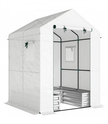 Outsunny Small Greenhouse with Raised Garden Bed, Galvanised Walk-in Greenhouse with Roll Up Windows, 141 x 141 x 190 cm, White