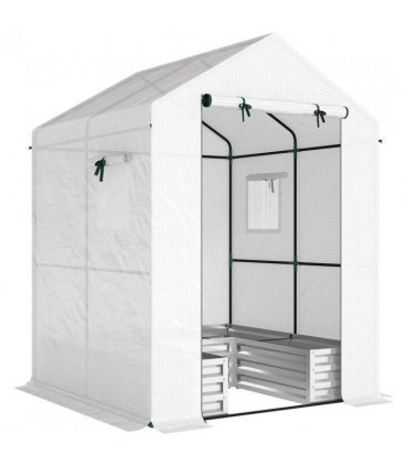 Outsunny Small Greenhouse with Raised Garden Bed, Galvanised Walk-in Greenhouse with Roll Up Windows, 141 x 141 x 190 cm, White