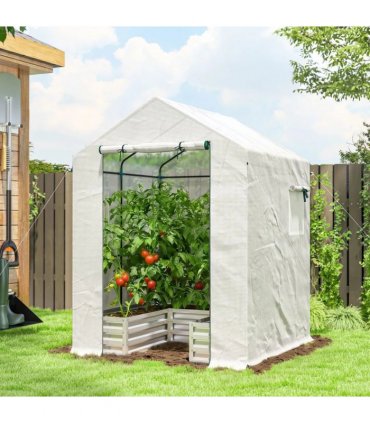 Outsunny Small Greenhouse with Raised Garden Bed, Galvanised Walk-in Greenhouse with Roll Up Windows, 141 x 141 x 190 cm, White