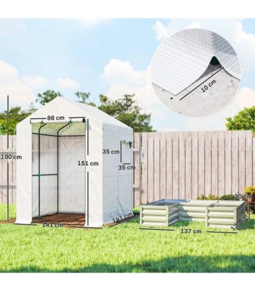 Outsunny Small Greenhouse with Raised Garden Bed, Galvanised Walk-in Greenhouse with Roll Up Windows, 141 x 141 x 190 cm, White