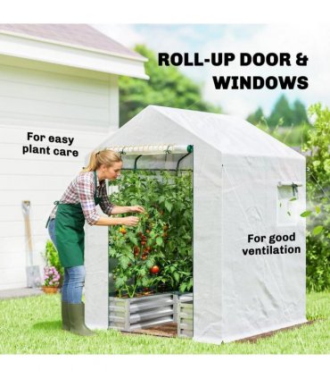 Outsunny Small Greenhouse with Raised Garden Bed, Galvanised Walk-in Greenhouse with Roll Up Windows, 141 x 141 x 190 cm, White