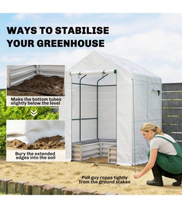 Outsunny Small Greenhouse with Raised Garden Bed, Galvanised Walk-in Greenhouse with Roll Up Windows, 141 x 141 x 190 cm, White