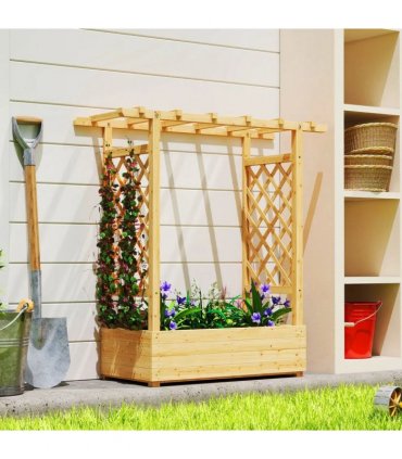 Outsunny Garden Planter with Trellis, Wooden Raised Bed for Garden with Hanging Roof and Drainage Holes, Outdoor Trellis Planter Box for Vegetables, Herbs and Flowers, 110 x 44 x 113 cm, Natural