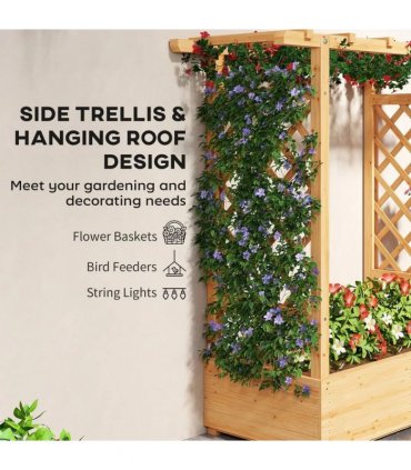 Outsunny Garden Planter with Trellis, Wooden Raised Bed for Garden with Hanging Roof and Drainage Holes, Outdoor Trellis Planter Box for Vegetables, Herbs and Flowers, 110 x 44 x 113 cm, Natural