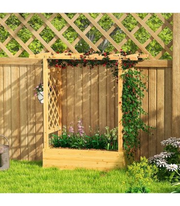 Outsunny Garden Planter with Trellis, Wooden Raised Bed for Garden with Hanging Roof and Drainage Holes, Outdoor Trellis Planter Box for Vegetables, Herbs and Flowers, 110 x 44 x 113 cm, Natural