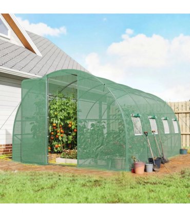 Outsunny 3 x 4 m Walk-in Polytunnel Greenhouse with Hinged Door and 8 Roll Up Mesh Windows, Garden Tunnel Warm House Tent, Green
