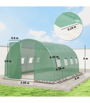 Outsunny 3 x 4 m Walk-in Polytunnel Greenhouse with Hinged Door and 8 Roll Up Mesh Windows, Garden Tunnel Warm House Tent, Green