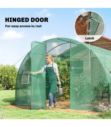 Outsunny 3 x 4 m Walk-in Polytunnel Greenhouse with Hinged Door and 8 Roll Up Mesh Windows, Garden Tunnel Warm House Tent, Green