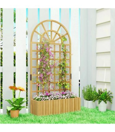 Outsunny Wooden Raised Planter with Trellis, Raised Bed for Garden with Lattice and Drainage Holes for Climbing Plants