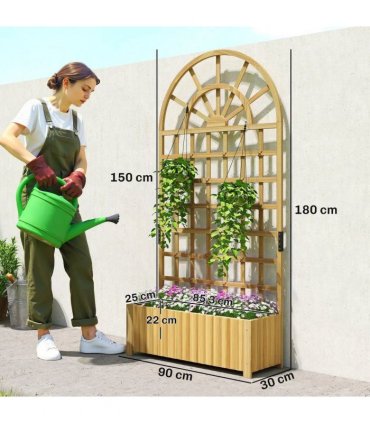 Outsunny Wooden Raised Planter with Trellis, Raised Bed for Garden with Lattice and Drainage Holes for Climbing Plants