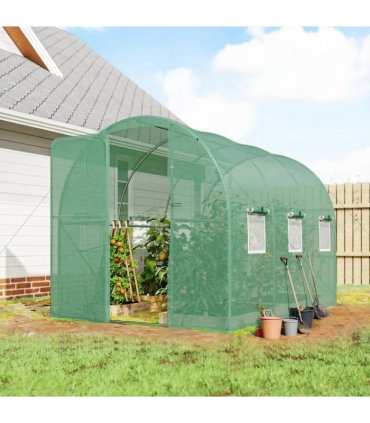 Outsunny 2 x 3 m Walk-in Polytunnel Greenhouse with Hinged Door and 6 Roll Up Mesh Windows, Garden Tunnel Warm House Tent, Green
