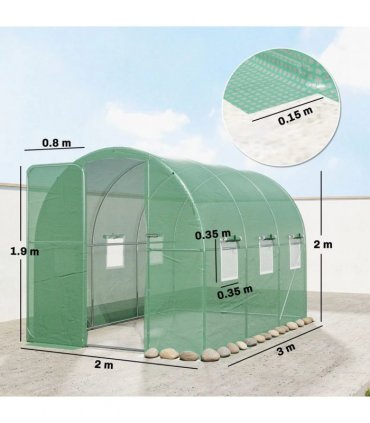 Outsunny 2 x 3 m Walk-in Polytunnel Greenhouse with Hinged Door and 6 Roll Up Mesh Windows, Garden Tunnel Warm House Tent, Green