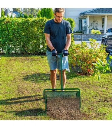Outsunny Compost Spreader, 24" Peat Moss Spreader with Height Adjustable T Shaped Handle and Metal Mesh Basket, Garden Spreader for Seeding, Spreading Manure, Green