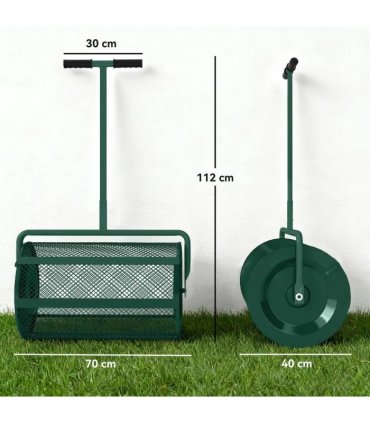 Outsunny Compost Spreader, 24" Peat Moss Spreader with Height Adjustable T Shaped Handle and Metal Mesh Basket, Garden Spreader for Seeding, Spreading Manure, Green