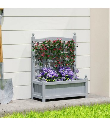 Outsunny Garden Planters with Trellis for Climbing Vines, Wood Raised Beds for Garden, Flower Pot, Indoor Outdoor, Grey