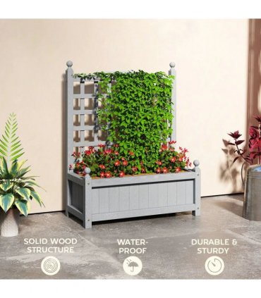 Outsunny Garden Planters with Trellis for Climbing Vines, Wood Raised Beds for Garden, Flower Pot, Indoor Outdoor, Grey