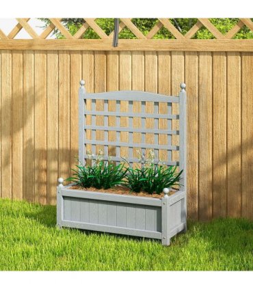 Outsunny Garden Planters with Trellis for Climbing Vines, Wood Raised Beds for Garden, Flower Pot, Indoor Outdoor, Grey