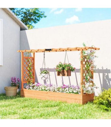 Outsunny Raised Planter with Trellis, Wooden Raised Bed for Garden with Hanging Roof and Drainage Holes, Outdoor Planter Box