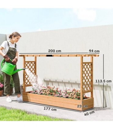 Outsunny Raised Planter with Trellis, Wooden Raised Bed for Garden with Hanging Roof and Drainage Holes, Outdoor Planter Box