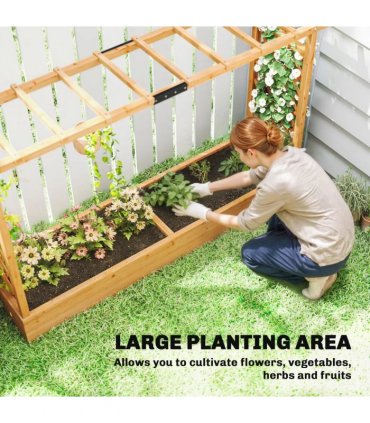 Outsunny Raised Planter with Trellis, Wooden Raised Bed for Garden with Hanging Roof and Drainage Holes, Outdoor Planter Box
