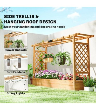 Outsunny Raised Planter with Trellis, Wooden Raised Bed for Garden with Hanging Roof and Drainage Holes, Outdoor Planter Box