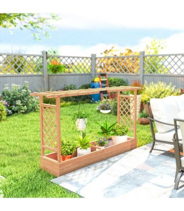 Outsunny Raised Planter with Trellis, Wooden Raised Bed for Garden with Hanging Roof and Drainage Holes, Outdoor Planter Box