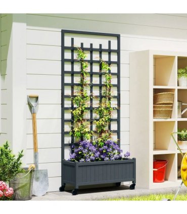 Outsunny Wooden Trellis Planter, Raised Garden Bed with Wheels, to Climb and Grow Vegetables, Herbs and Flowers, Grey