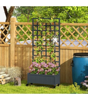 Outsunny Wooden Trellis Planter, Raised Garden Bed with Wheels, to Climb and Grow Vegetables, Herbs and Flowers, Grey
