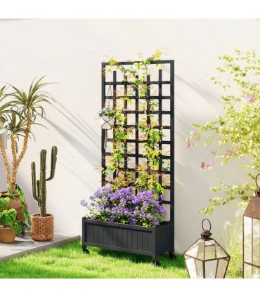 Outsunny Wooden Trellis Planter, Raised Garden Bed with Wheels, to Climb and Grow Vegetables, Herbs and Flowers, Grey