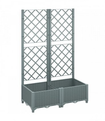 Outsunny Raised Garden Bed with Trellis, Plastic Planter Box with Drainage Holes, Drain Plugs and Water Reservoirs for Climbing Plants, Vegetables, Flowers, Grey