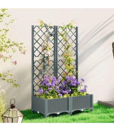 Outsunny Raised Garden Bed with Trellis, Plastic Planter Box with Drainage Holes, Drain Plugs and Water Reservoirs for Climbing Plants, Vegetables, Flowers, Grey